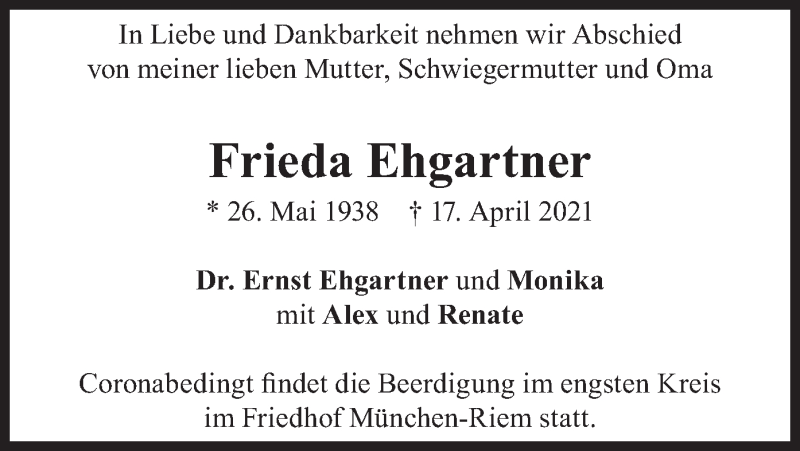  Traueranzeige für Frieda Ehgartner vom 24.04.2021 aus merkurtz
