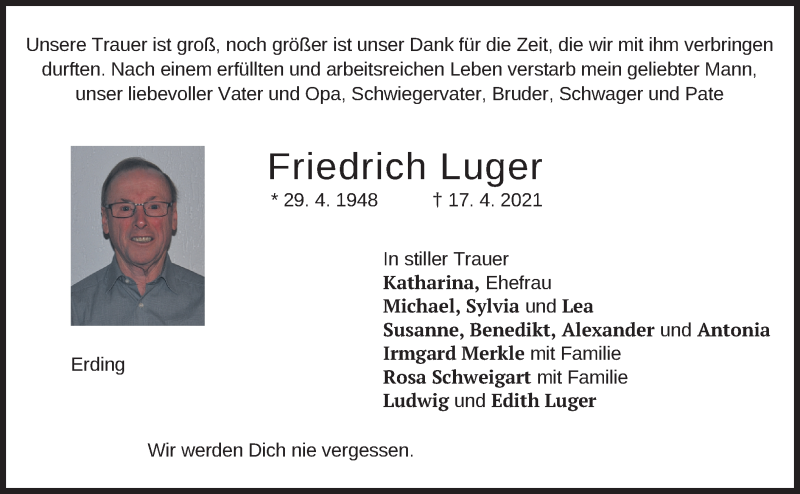  Traueranzeige für Friedrich Luger vom 24.04.2021 aus merkurtz