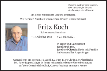 Traueranzeige von Fritz Koch