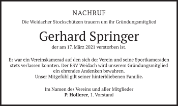 Traueranzeige von Gerhard Springer von merkurtz