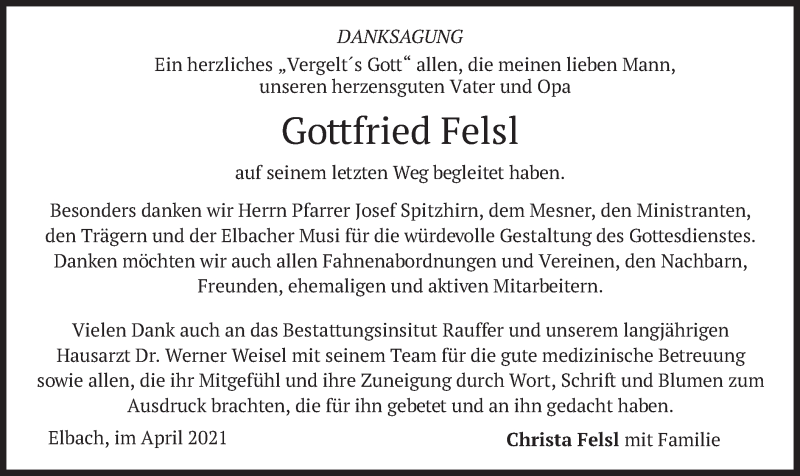  Traueranzeige für Gottfried Felsl vom 10.04.2021 aus merkurtz