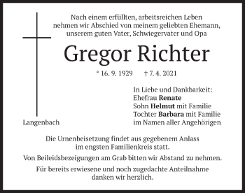 Traueranzeige von Gregor Richter von merkurtz
