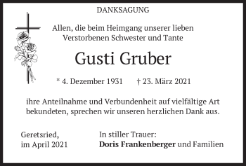 Traueranzeige von Gusti Gruber von merkurtz