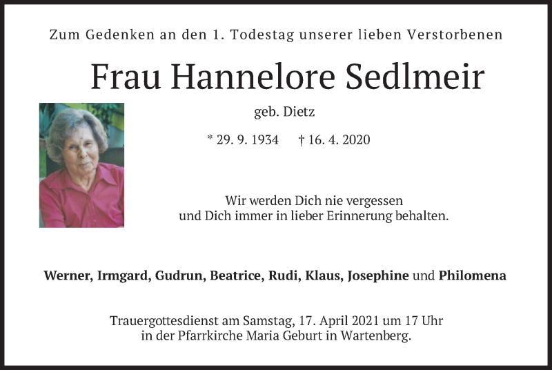  Traueranzeige für Hannelore Sedlmeir vom 16.04.2021 aus merkurtz