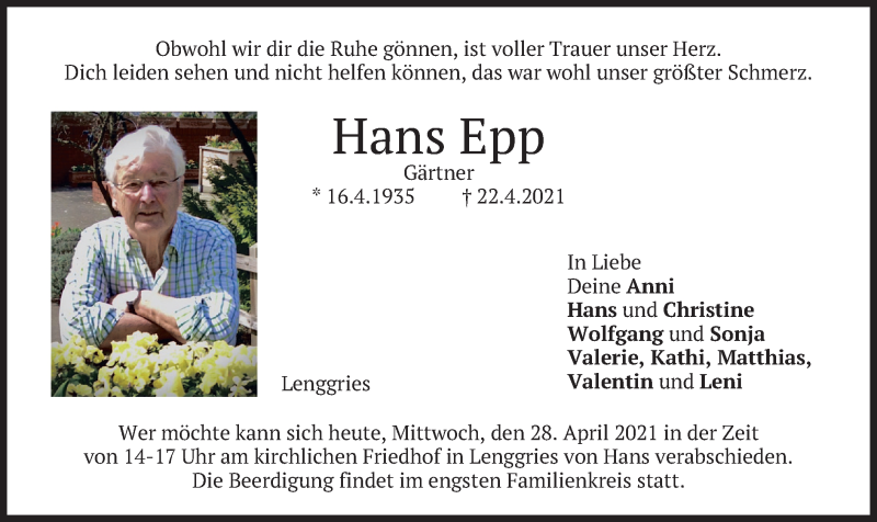  Traueranzeige für Hans Epp vom 28.04.2021 aus merkurtz