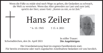 Traueranzeige von Hans Zeiler von merkurtz