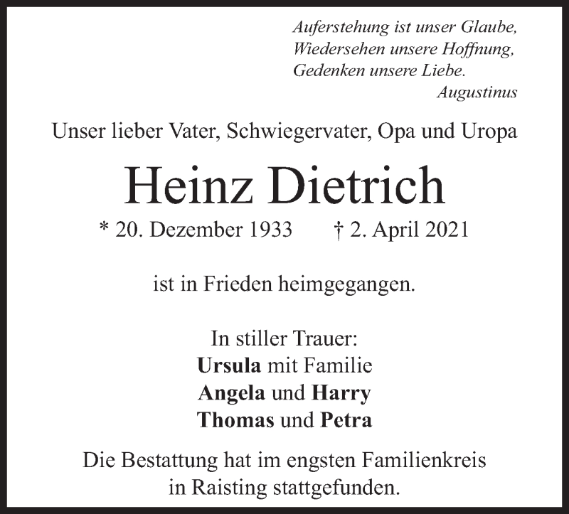  Traueranzeige für Heinz Dietrich vom 10.04.2021 aus merkurtz