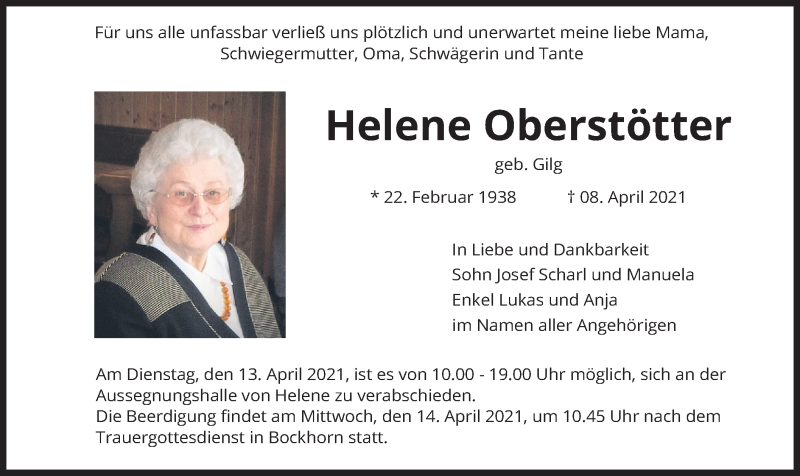  Traueranzeige für Helene Oberstötter vom 12.04.2021 aus merkurtz