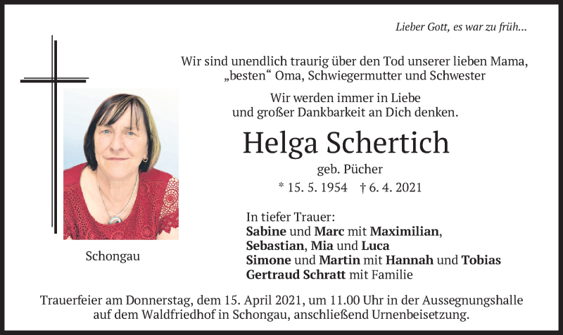  Traueranzeige für Helga Schertich vom 13.04.2021 aus merkurtz