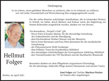 Traueranzeige von Hellmut Folger von merkurtz