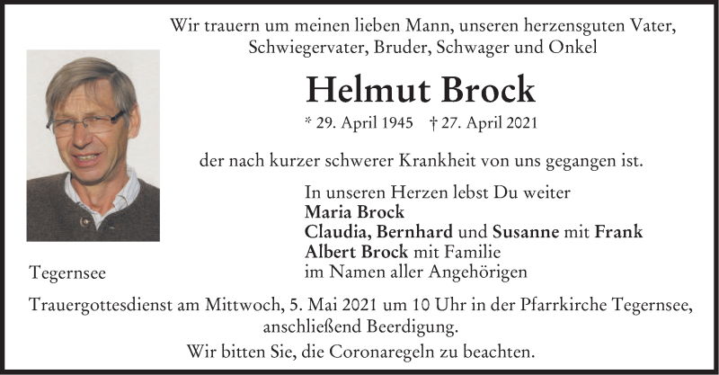  Traueranzeige für Helmut Brock vom 30.04.2021 aus merkurtz