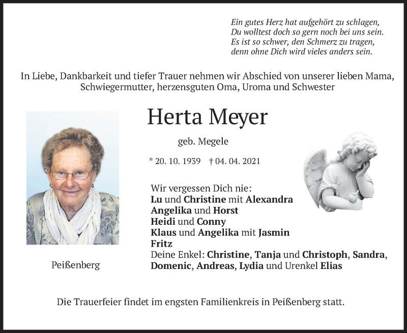  Traueranzeige für Herta Meyer vom 10.04.2021 aus merkurtz