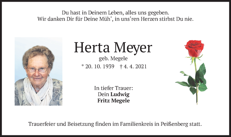  Traueranzeige für Herta Meyer vom 08.04.2021 aus merkurtz