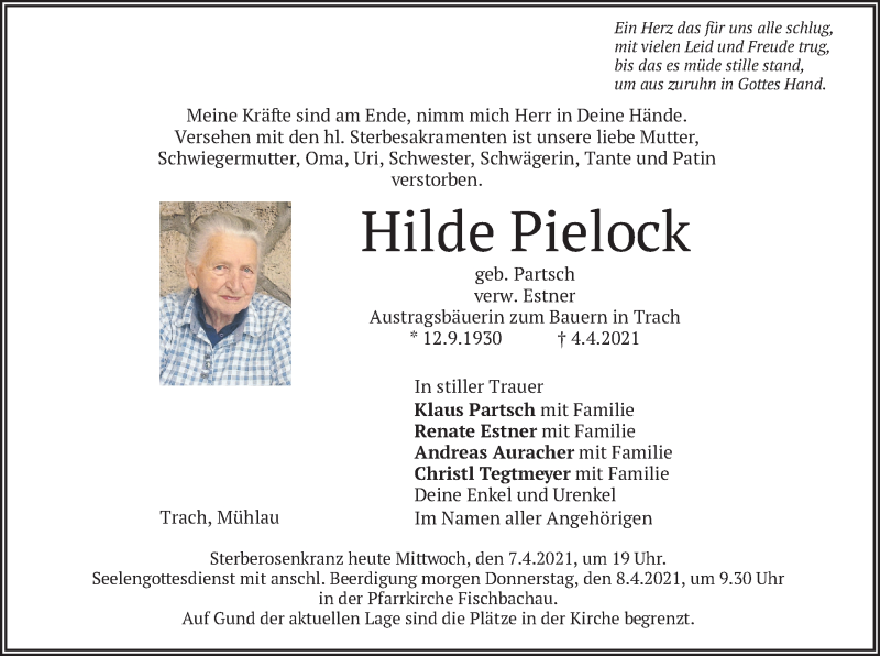  Traueranzeige für Hilde Pielock vom 07.04.2021 aus merkurtz