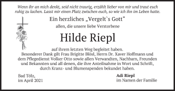 Traueranzeige von Hilde Riepl von merkurtz