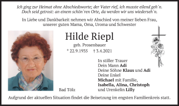 Traueranzeige von Hilde Riepl von merkurtz