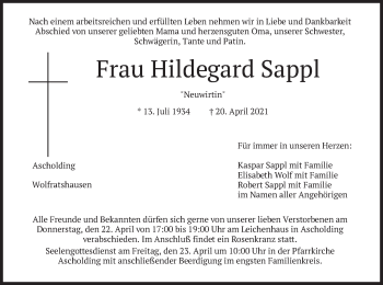 Traueranzeige von Hildegard Sappl von merkurtz