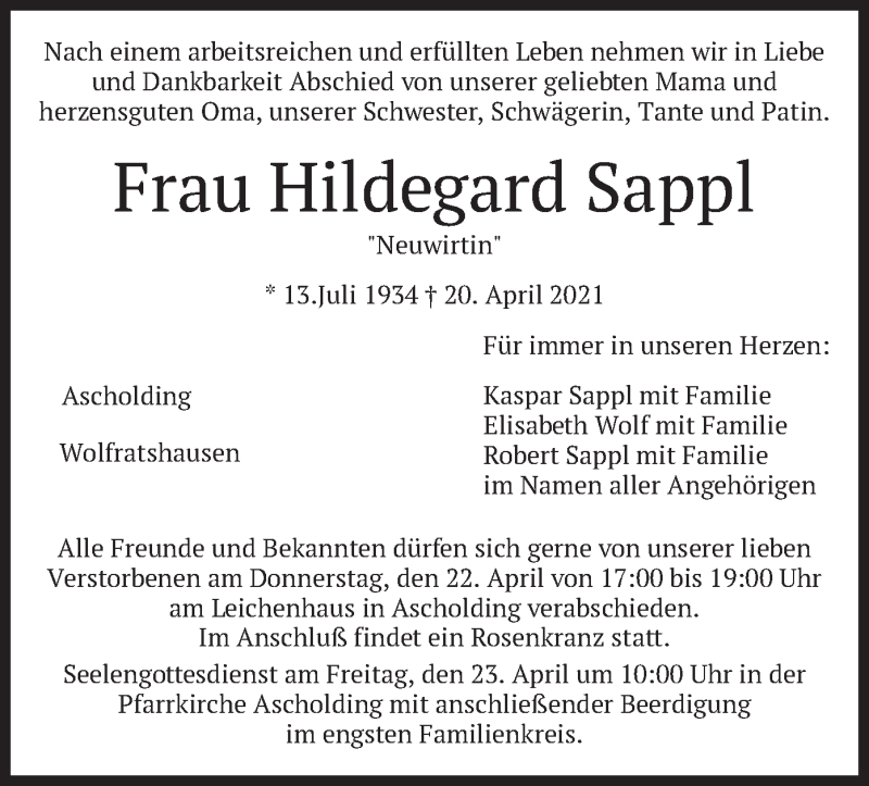  Traueranzeige für Hildegard Sappl vom 21.04.2021 aus merkurtz