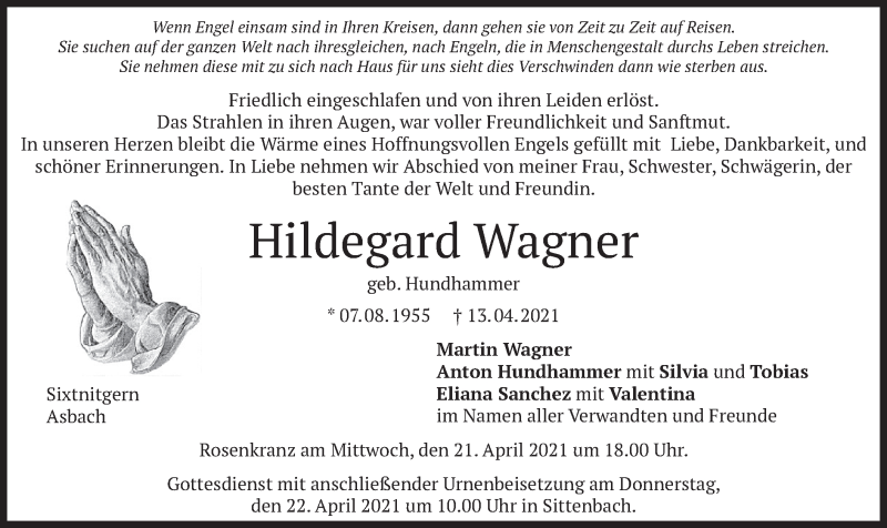  Traueranzeige für Hildegard Wagner vom 19.04.2021 aus merkurtz