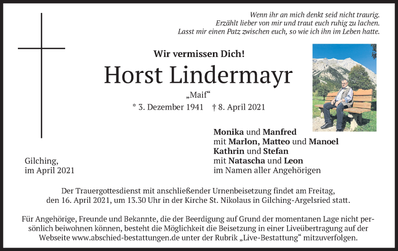  Traueranzeige für Horst Lindermayr vom 14.04.2021 aus merkurtz
