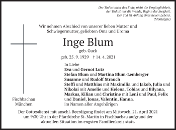 Traueranzeige von Inge Blum von merkurtz