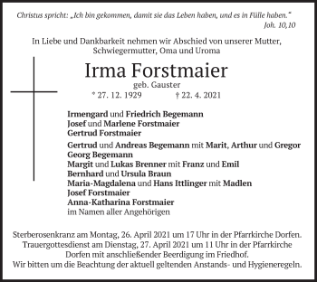 Traueranzeige von Irma Forstmaier von merkurtz