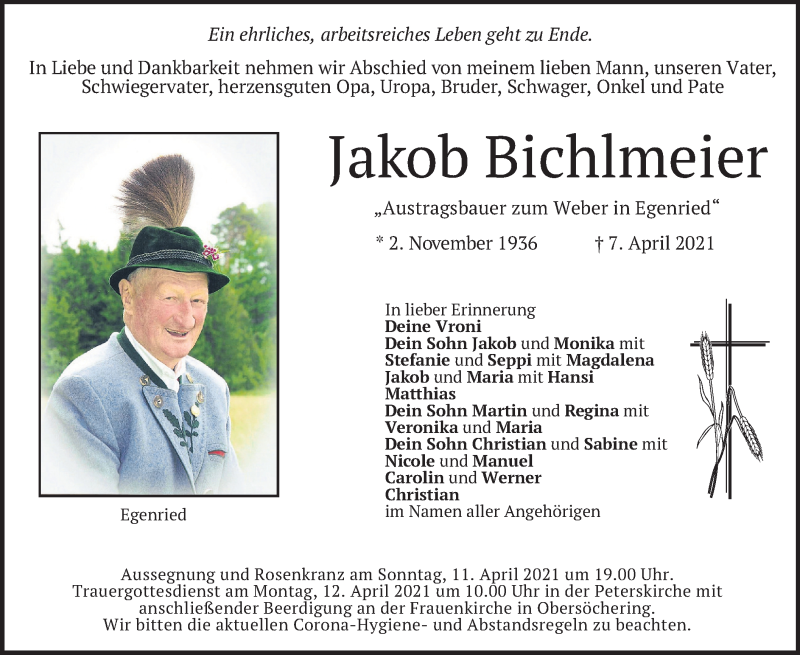  Traueranzeige für Jakob Bichlmeier vom 10.04.2021 aus merkurtz
