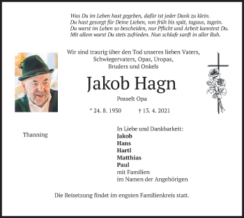 Traueranzeige von Jakob Hagn von merkurtz