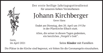Traueranzeige von Johann Kirchberger von merkurtz