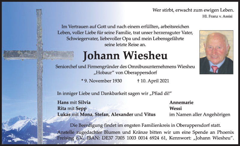  Traueranzeige für Johann Wiesheu vom 13.04.2021 aus merkurtz