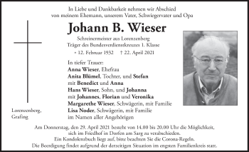 Traueranzeige von Johann B. Wieser von merkurtz