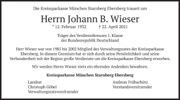 Traueranzeige von Johann B. Wieser von merkurtz