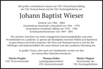 Traueranzeige von Johann Baptist Wieser von merkurtz