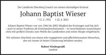 Traueranzeige von Johann Baptist Wieser von merkurtz