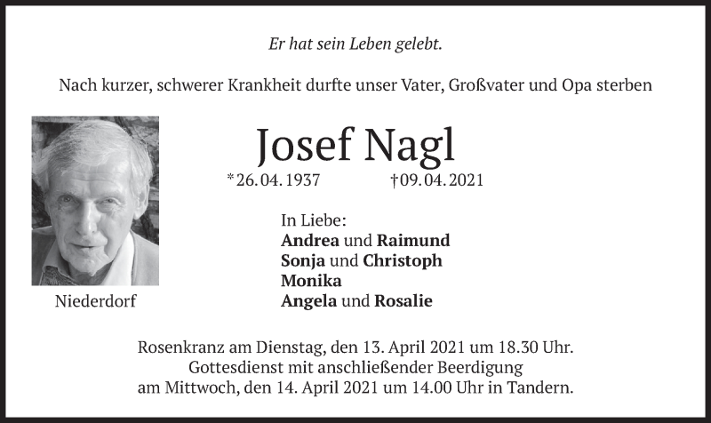  Traueranzeige für Josef Nagl vom 12.04.2021 aus merkurtz