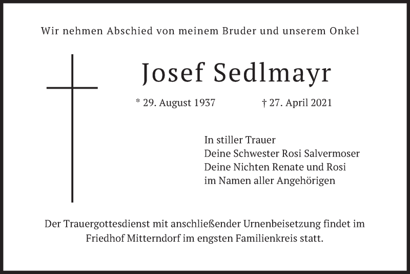  Traueranzeige für Josef Sedlmayr vom 30.04.2021 aus merkurtz