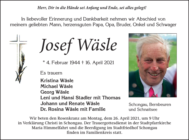  Traueranzeige für Josef Wäsle vom 21.04.2021 aus merkurtz
