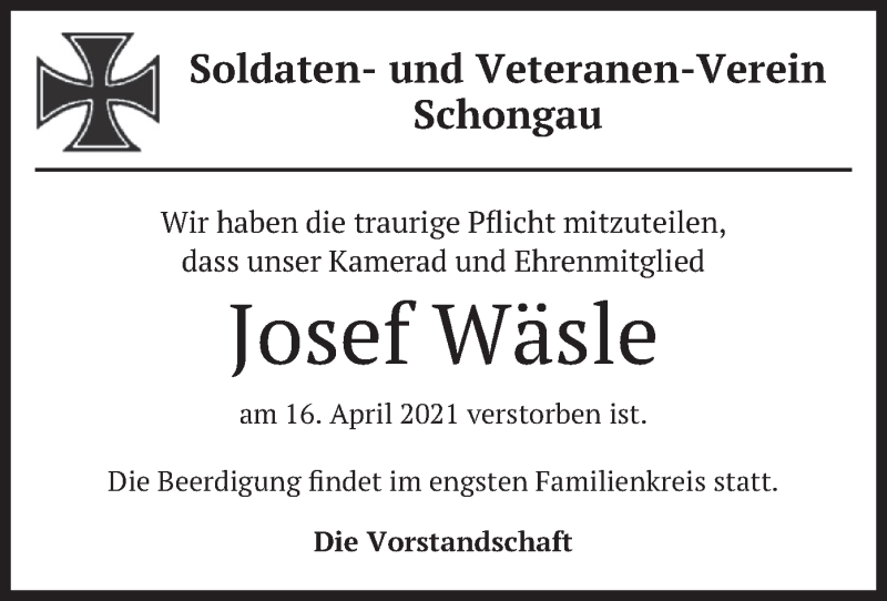  Traueranzeige für Josef Wäsle vom 23.04.2021 aus merkurtz