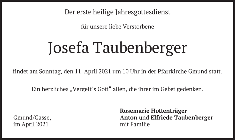  Traueranzeige für Josefa Taubenberger vom 09.04.2021 aus merkurtz