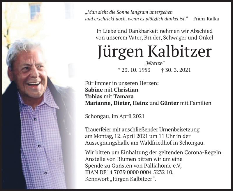  Traueranzeige für Jürgen Kalbitzer vom 08.04.2021 aus merkurtz