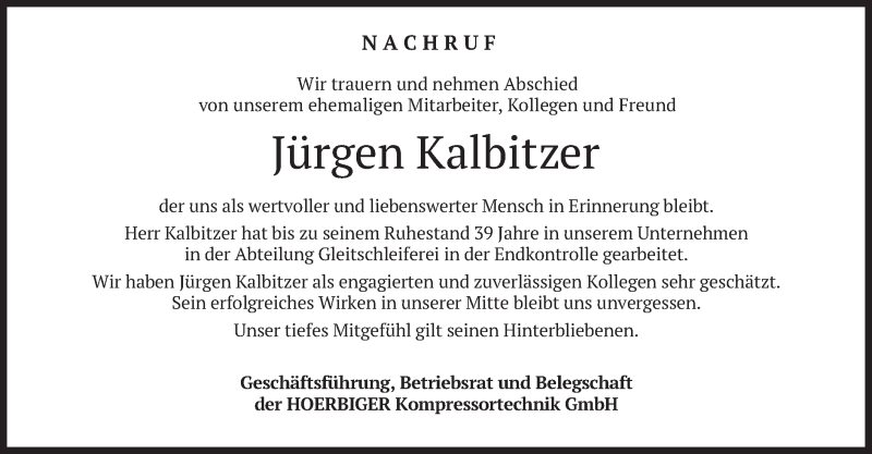  Traueranzeige für Jürgen Kalbitzer vom 10.04.2021 aus merkurtz