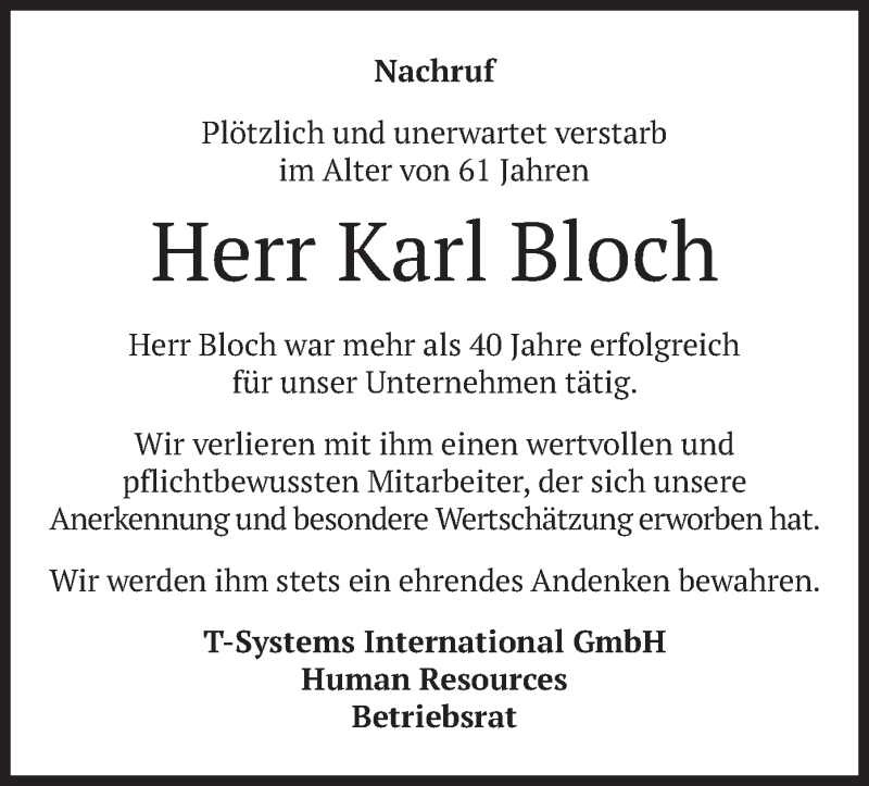  Traueranzeige für Karl Bloch vom 08.04.2021 aus merkurtz