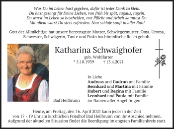 Traueranzeige von Katharina Schwaighofer von merkurtz