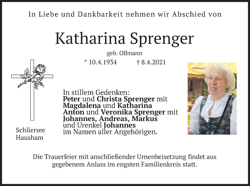  Traueranzeige für Katharina Sprenger vom 10.04.2021 aus merkurtz