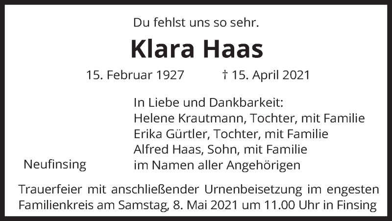  Traueranzeige für Klara Haas vom 30.04.2021 aus merkurtz