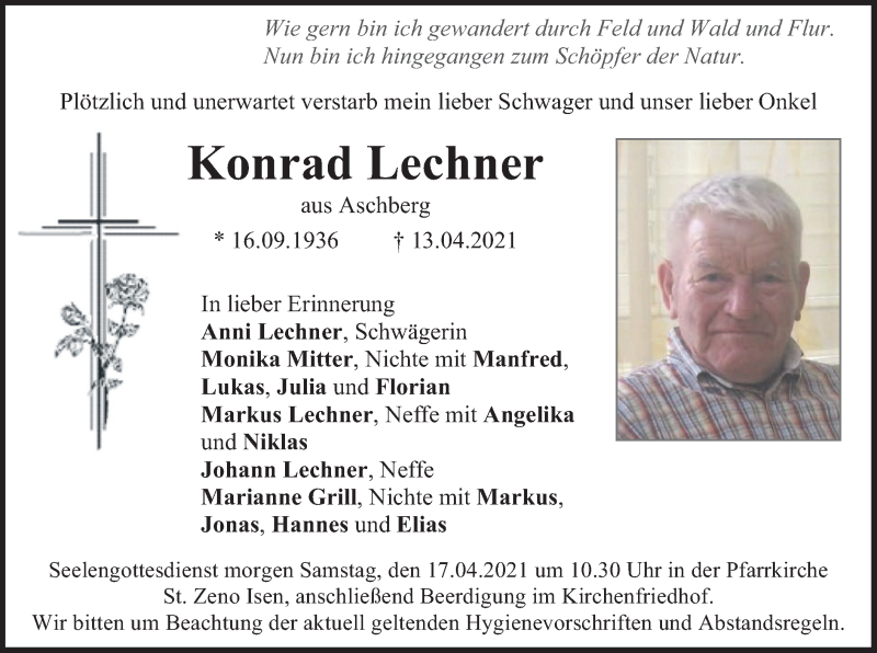  Traueranzeige für Konrad Lechner vom 16.04.2021 aus merkurtz