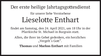 Traueranzeige von Lieselotte Enthart von merkurtz