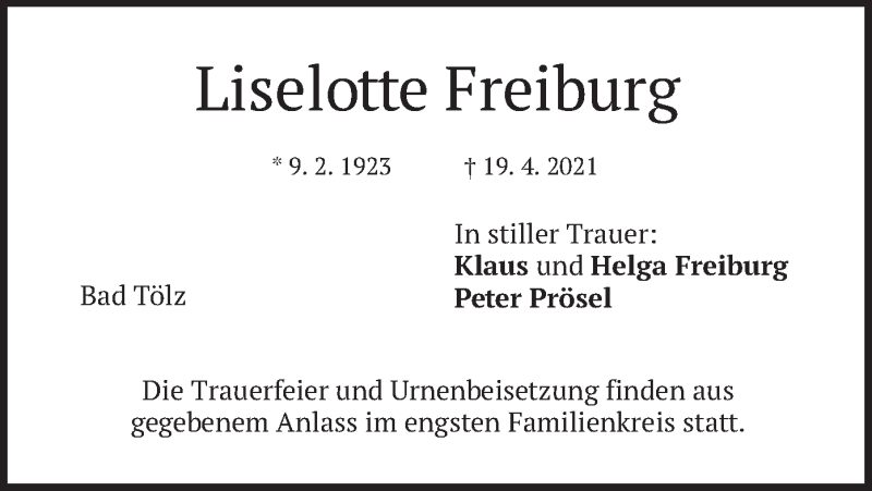  Traueranzeige für Liselotte Freiburg vom 24.04.2021 aus merkurtz