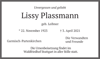 Traueranzeige von Lissy Plassmann von merkurtz