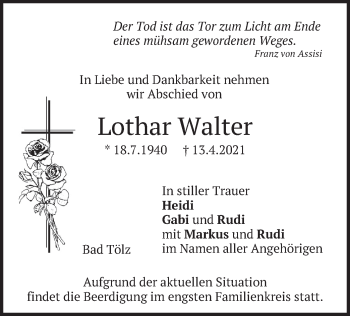 Traueranzeige von Lothar Walter von merkurtz